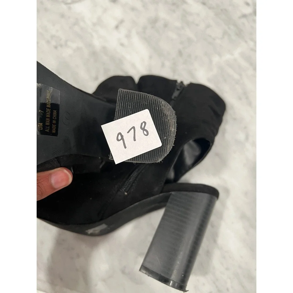 Charlotte Russe Lita Women 7 Black Peep Toe Block Heel Ankle Boots Ruched Cutout